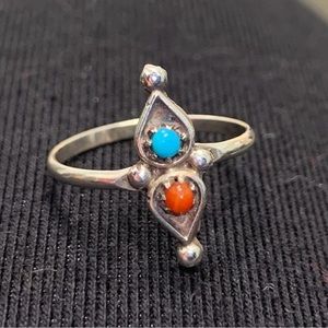 Native American petite silver ring with turquoise and coral stones. Size 5.